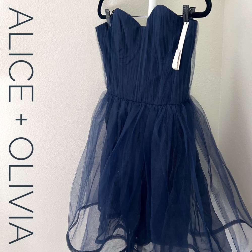 NWT🔖Alice + Olivia Prom Dress Strapless Tulle Navy Blue Quinceañera Cocktail